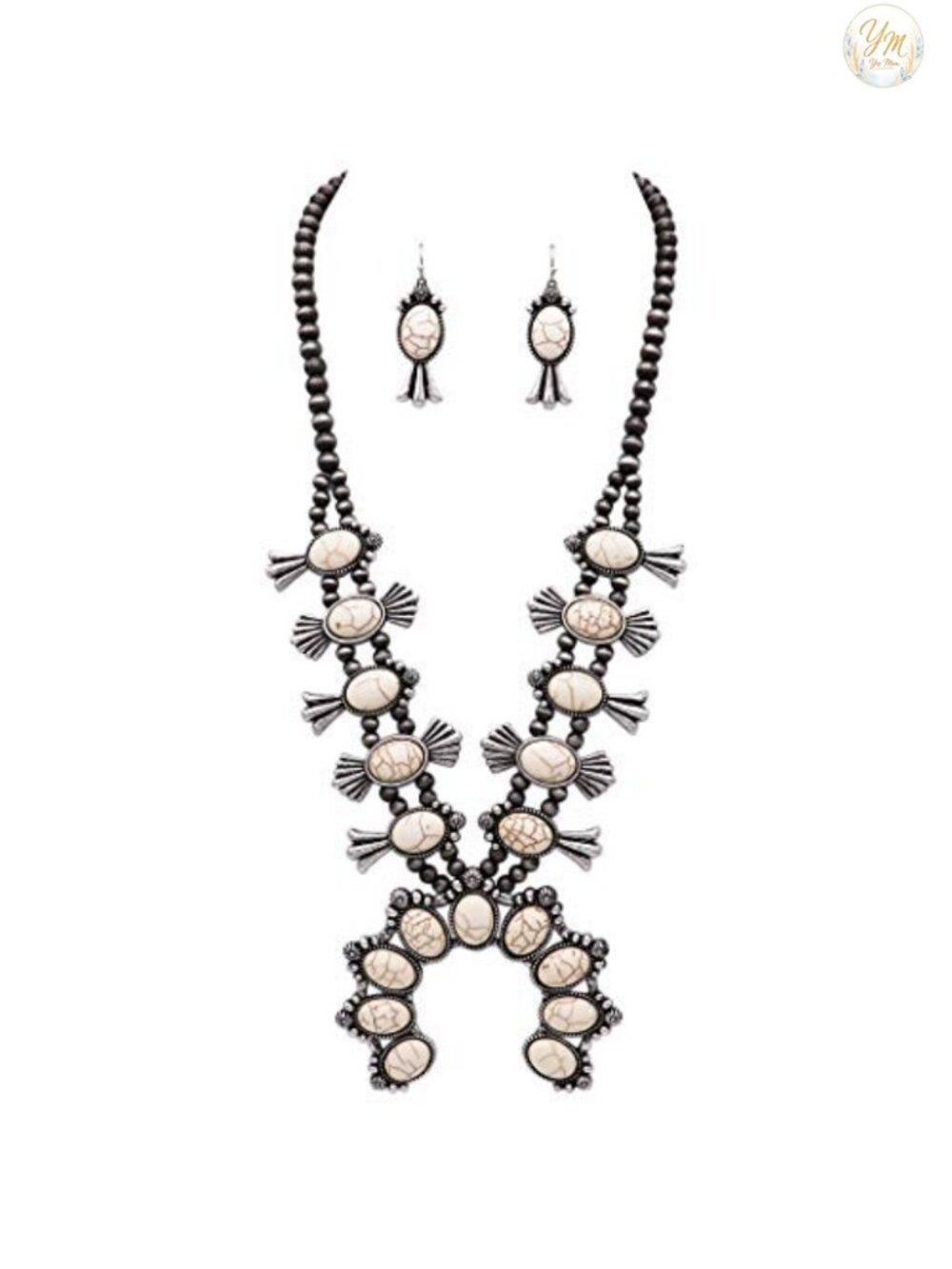 Howlite Squash Blossom Western Necklace & Earrings Set Gift Box